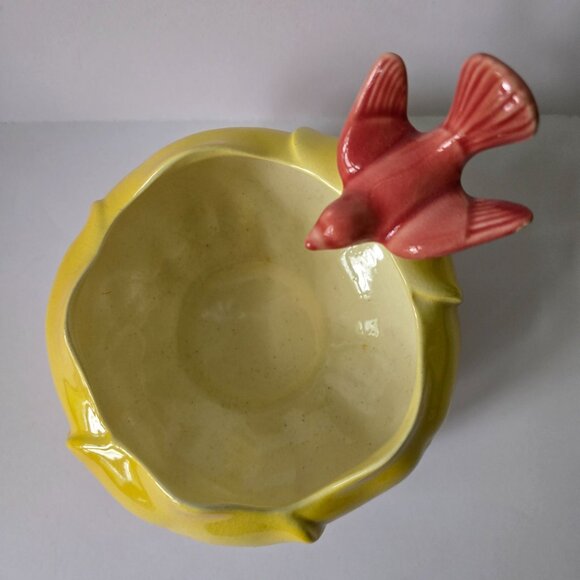 Vintage Royal Copley Yellow & Pink Ceramic Planter Bowl With Bird Accent - Picture 11 of 16